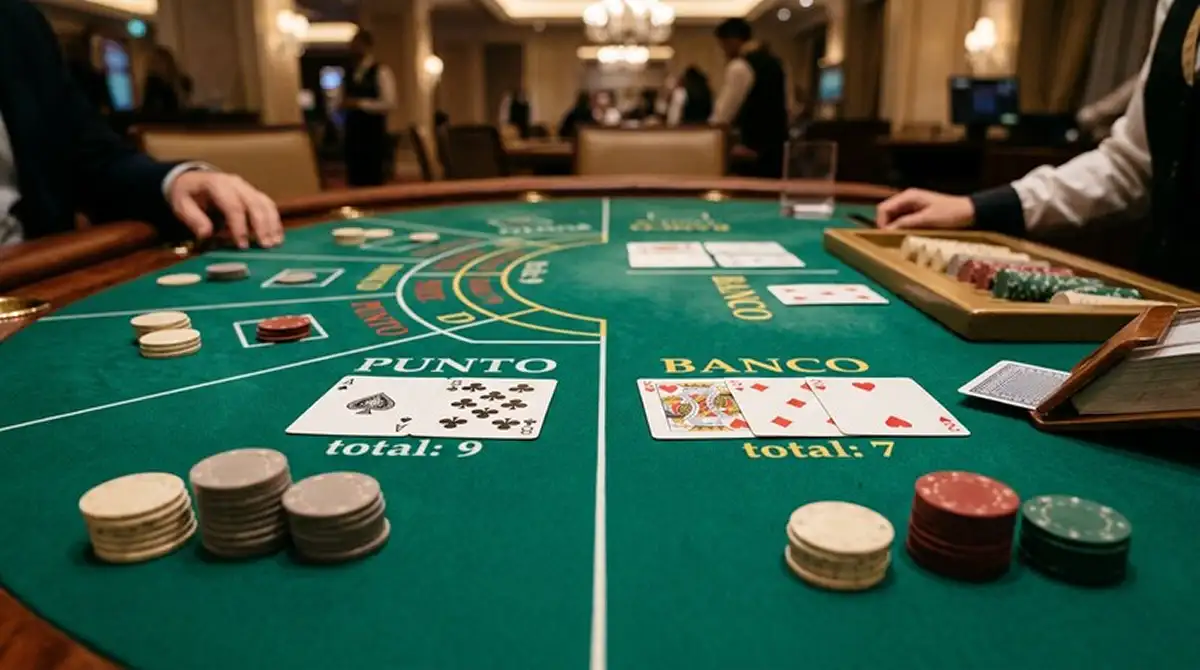 Punto Banco Spieltisch mit Karten und neutralen Jetons in gedämpftem Licht