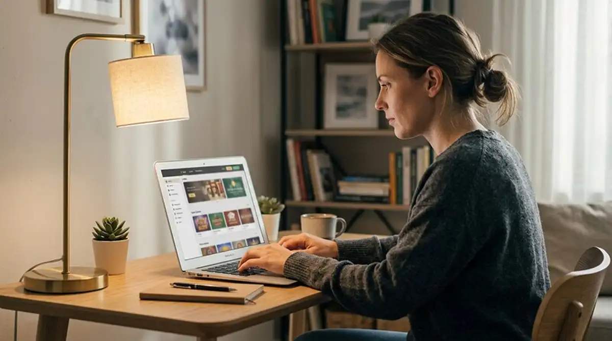 Person am Laptop mit neutralem Casino-Interface auf dem Bildschirm