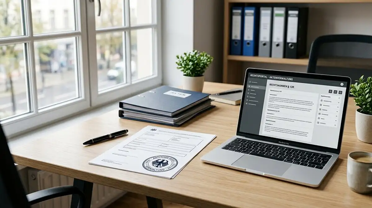Offizielles Dokument mit Siegel auf einem Schreibtisch neben aufgeklapptem Laptop