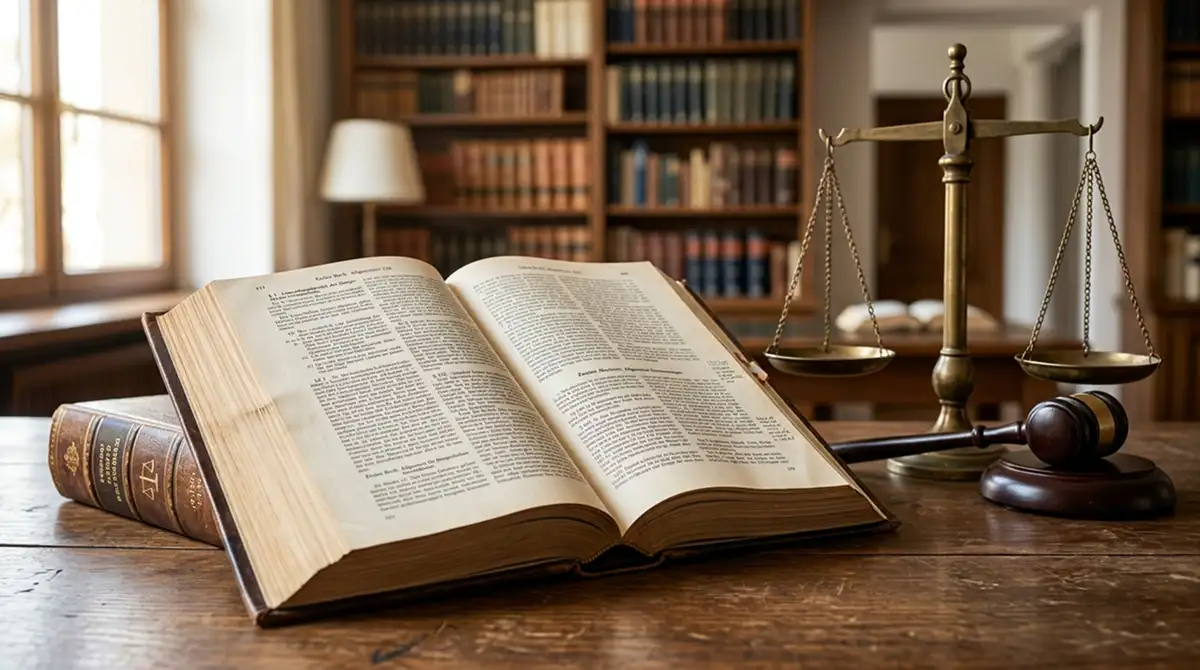 Gesetzbuch mit Paragraphenzeichen und Waage als Symbol für Recht