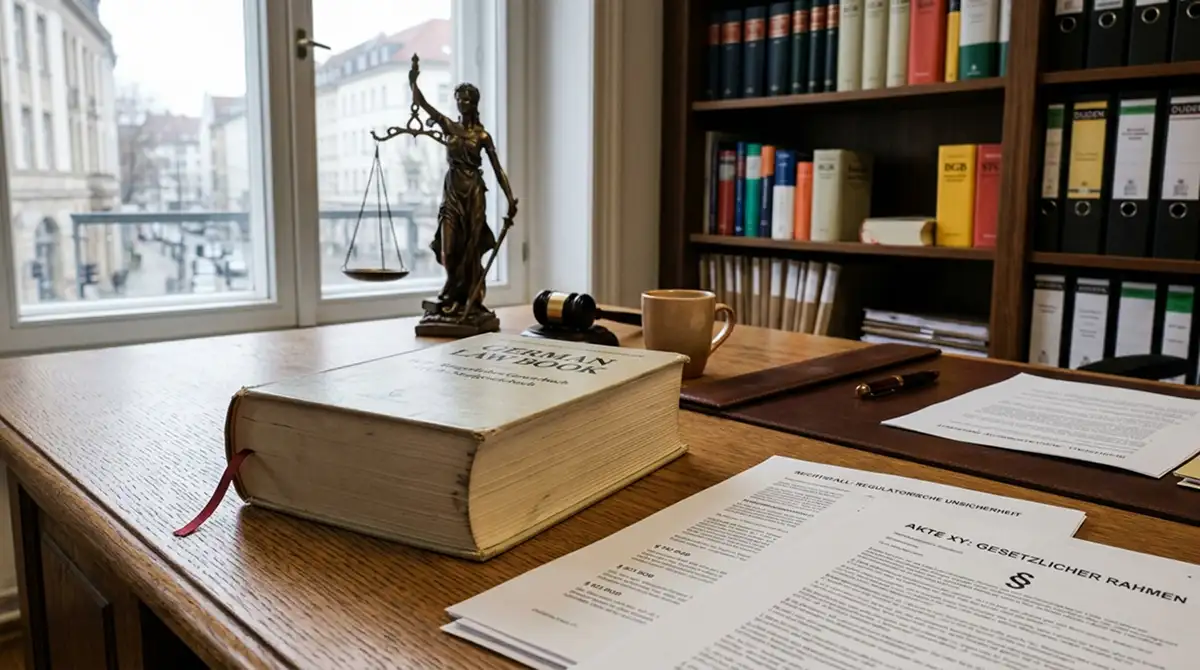 Deutsches Gesetzbuch auf Schreibtisch mit Waage der Gerechtigkeit im Hintergrund