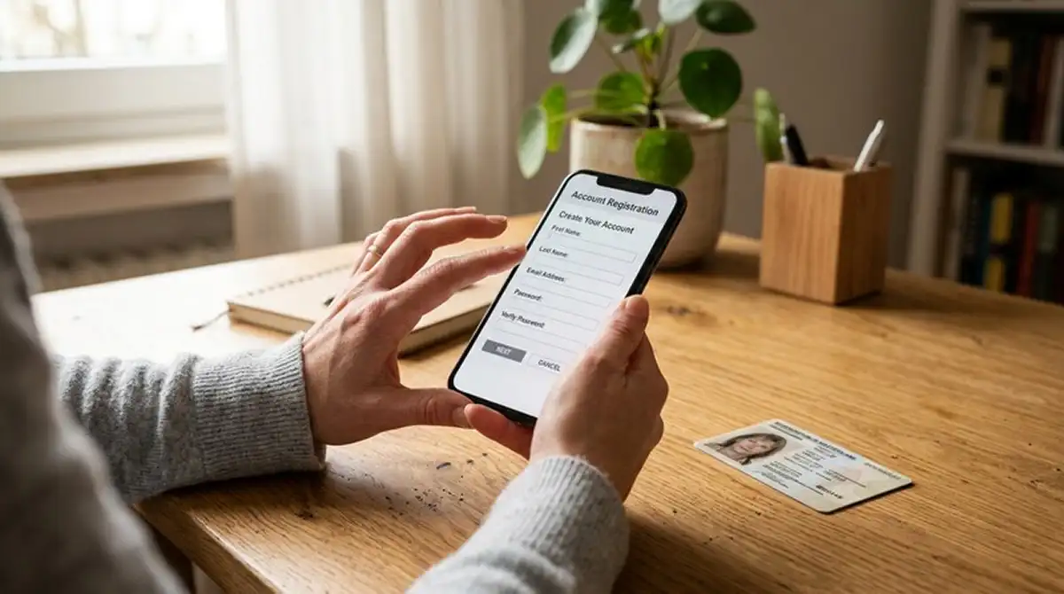 Smartphone mit Casino-Registrierungsformular und deutschem Ausweis auf dem Tisch