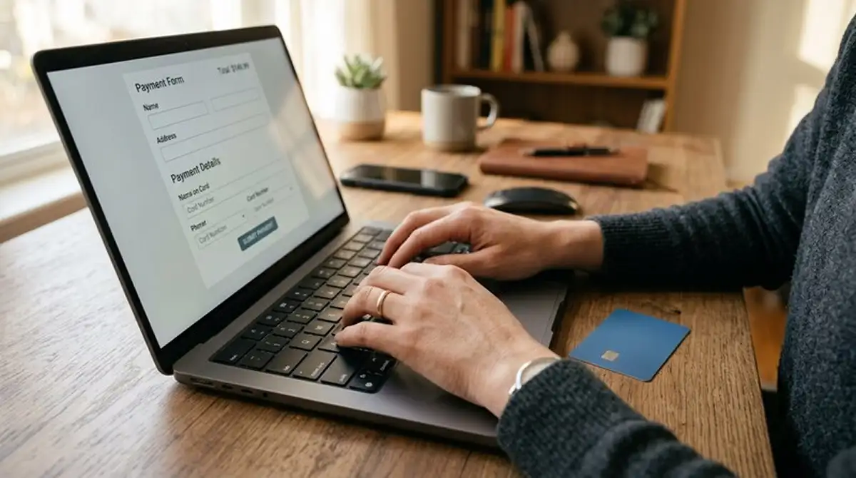 Person am Laptop mit Kreditkarte und Smartphone für Online-Zahlung