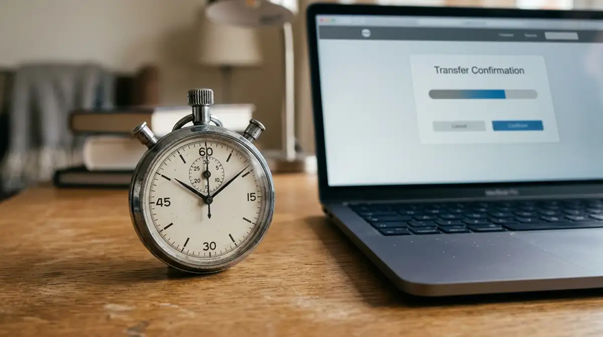 Stoppuhr neben einem Laptop mit Auszahlungsübersicht