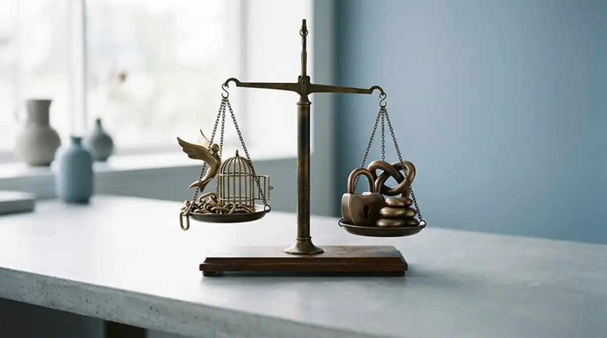 Waage mit Freiheit auf einer Seite und Sicherheit auf der anderen