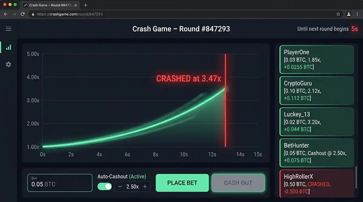 Roobet Crash-Spiel mit ansteigender Multiplikator-Kurve