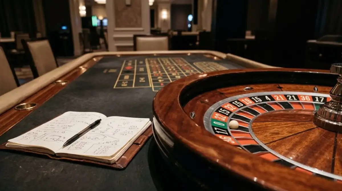 Neutrales Roulette-Rad und Spielregelnotizen auf einem ruhigen Spieltisch