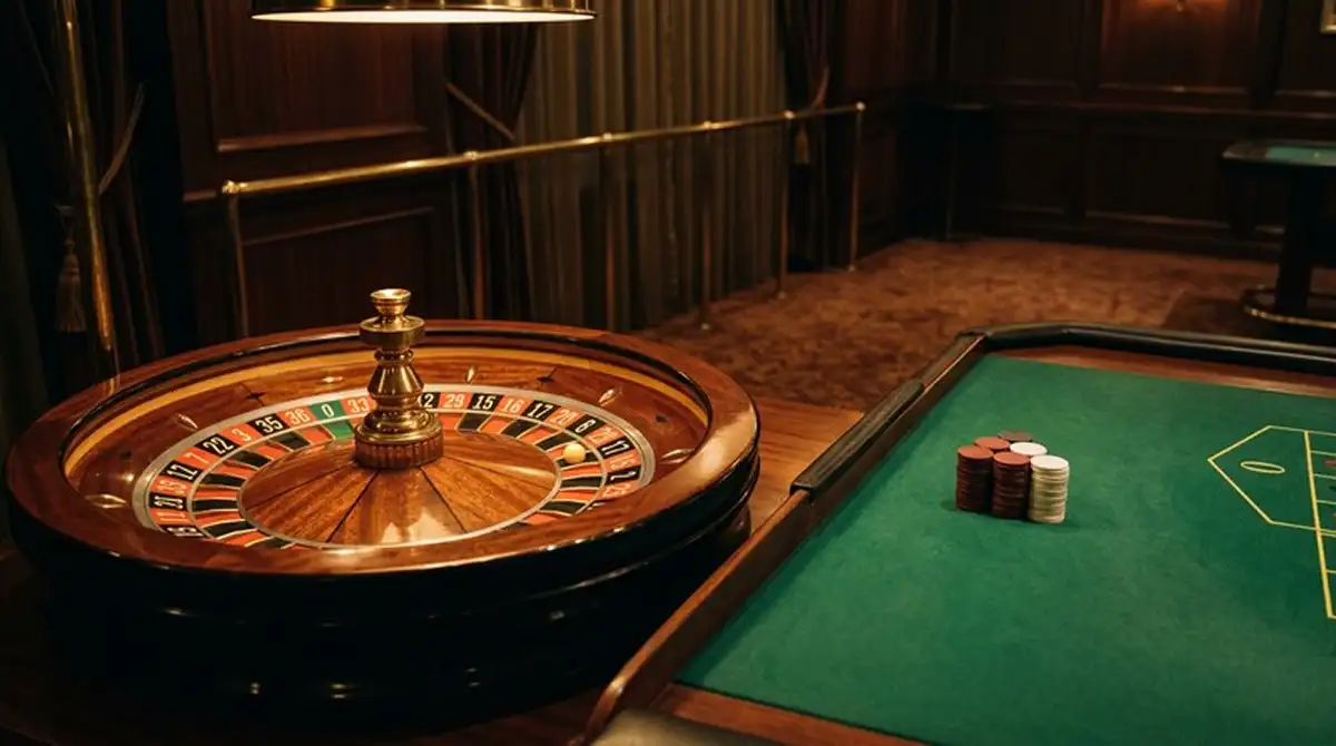 Roulettekessel und Blackjacktisch als Sinnbild für Online-Casinospiele auf Landesebene