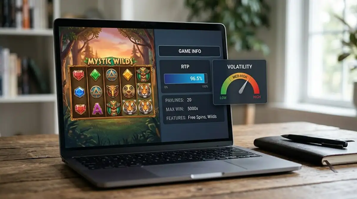Spielinformation mit RTP und Volatilität eines Spielautomaten
