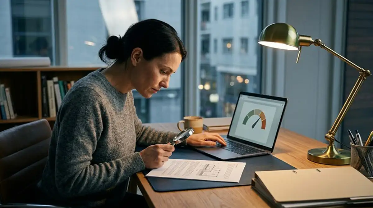 Person prüft mit Lupe ein Dokument und einen neutralen Bewertungsanzeiger auf dem Laptop