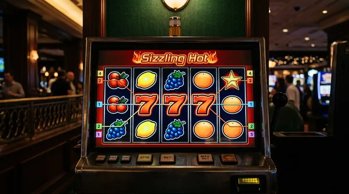 Sizzling Hot Spielautomat mit klassischen Fruchtsymbolen und leuchtender Sieben auf dem Bildschirm