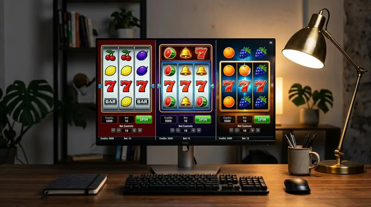 Drei nebeneinander angezeigte Sizzling Hot Varianten auf einem Monitor-Display