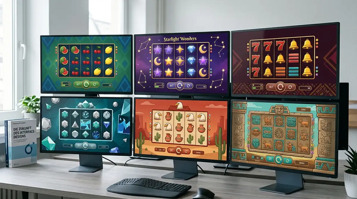 Abstrakte Anordnung bunter Spiel-Symbole ohne Branding auf neutraler Oberfläche