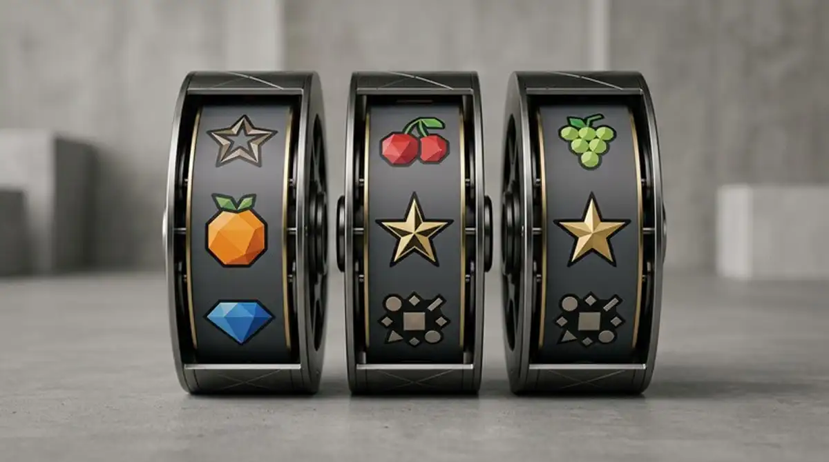 Drei stilisierte Spielautomaten-Rollen auf neutralem Studio-Hintergrund, jeweils mit abstrakten Symbolen — visuelle Übersicht der Slot-Auswahl nach RTP, Volatilität und Varianz.