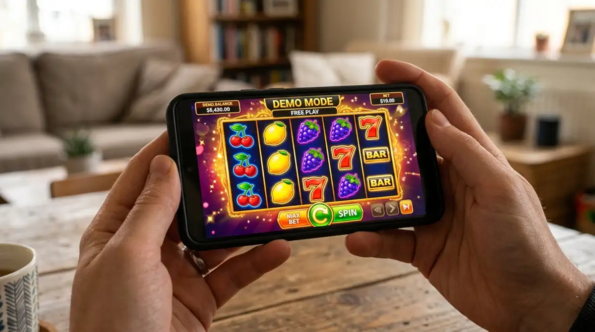 Smartphone zeigt bunte Slot-Walzen mit klassischen Früchte-Symbolen im Demo-Modus