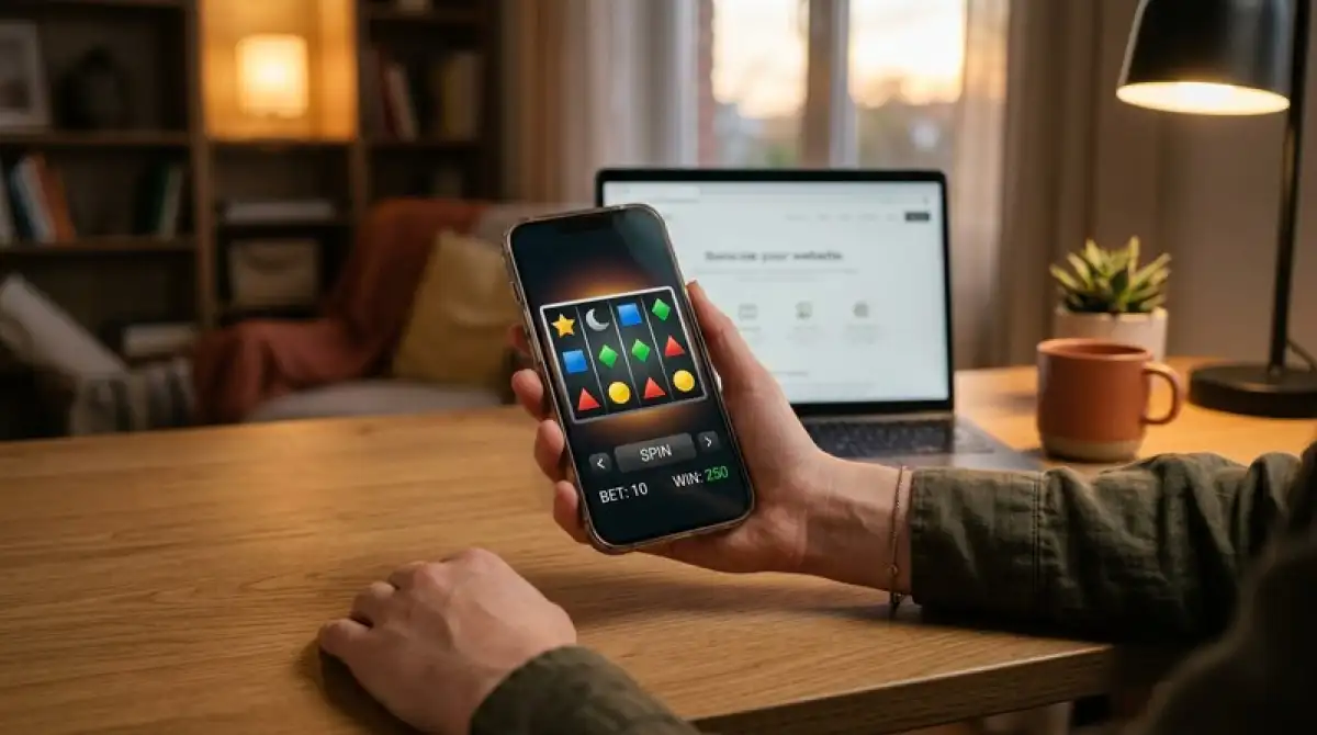 Smartphone mit abstraktem Slot-Raster ohne Markenzeichen in der Hand