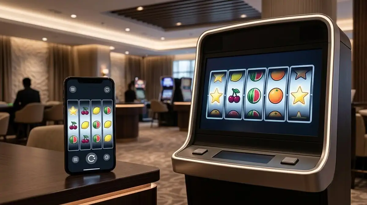 Generische Spielautomaten-Walzen ohne Markenzeichen neben einem Smartphone