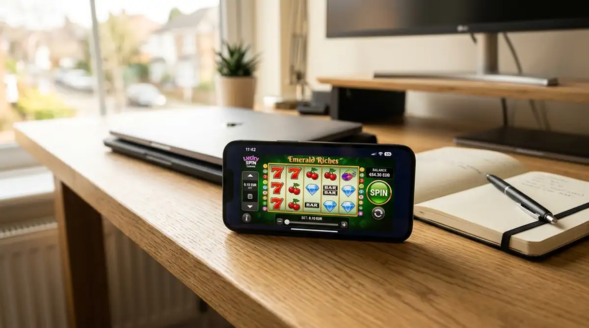 Smartphone mit geöffnetem Online-Casino und sichtbaren Einsatz-Einstellungen auf einem Holztisch