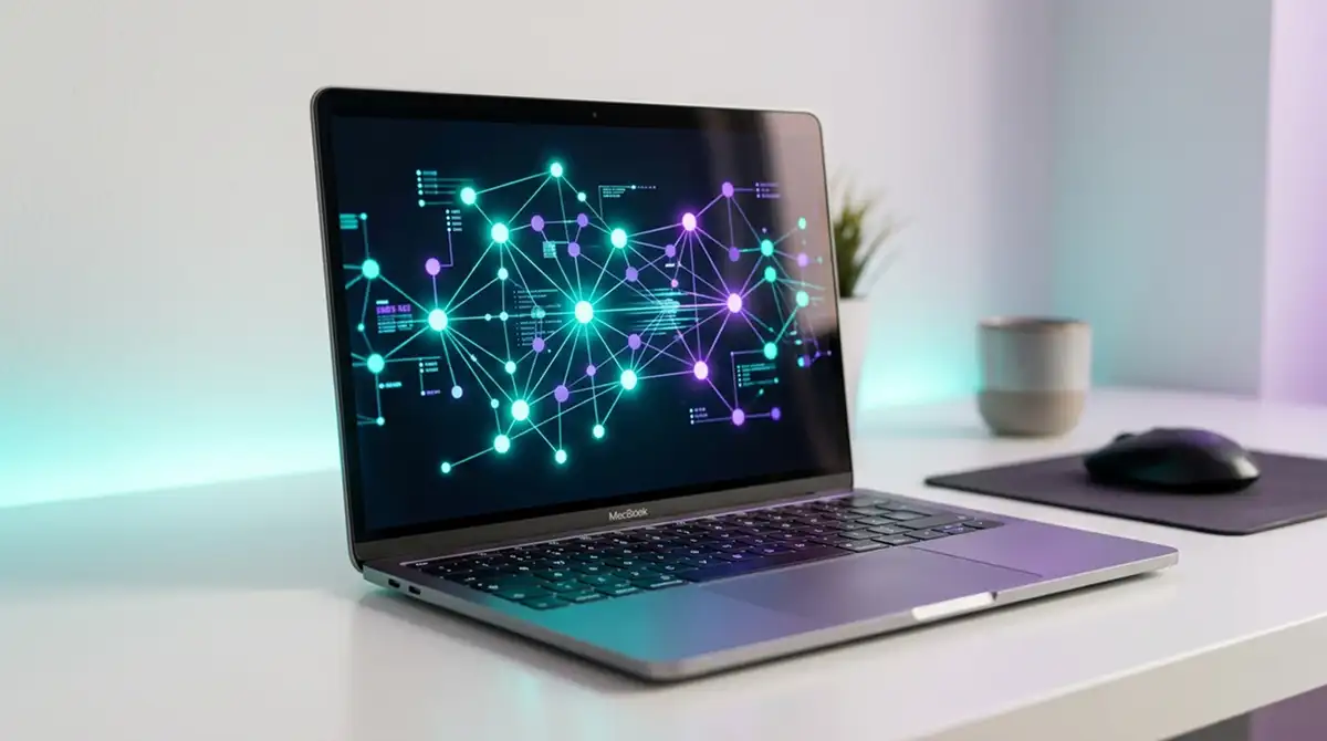Laptop mit Blockchain-Transaktionsvisualisierung und leuchtenden Knotenpunkten