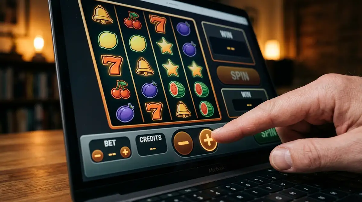 Einsatzmenü eines Spielautomaten mit Gewinnlinien und Münzwert