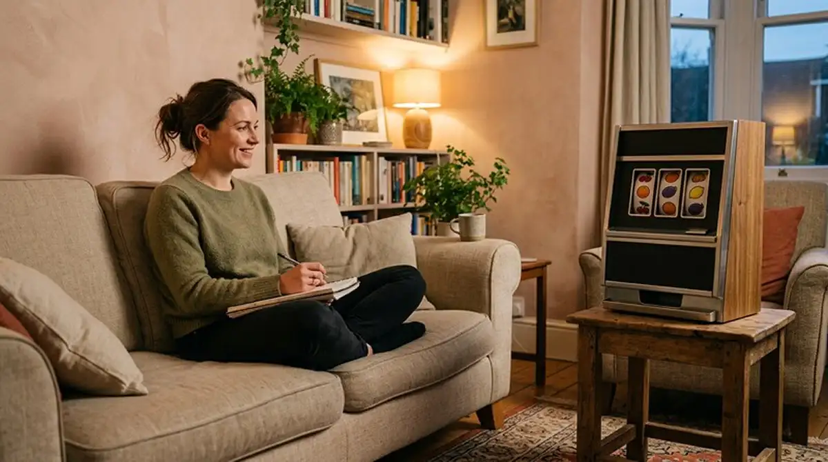 Wohnzimmer mit ruhiger Person am Sofa und einem Notizbuch als Symbol für seriöses Slot-Spiel
