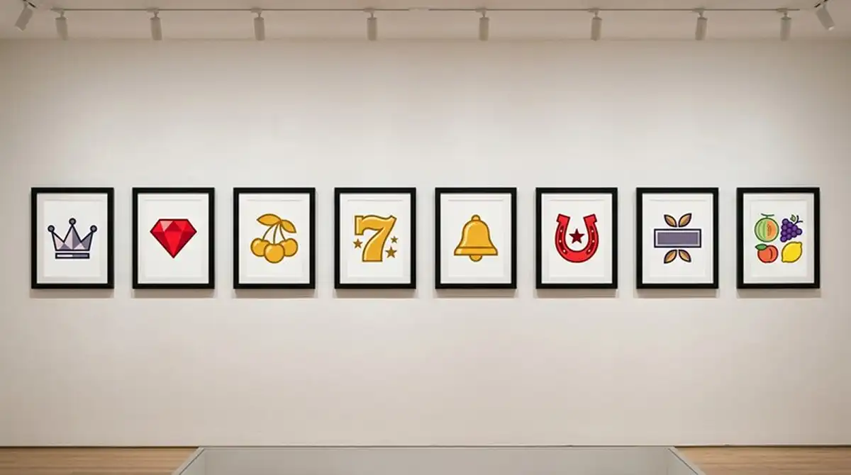 Acht Spielautomaten-Symbole nebeneinander aufgereiht wie Spielkarten in einer Galerie