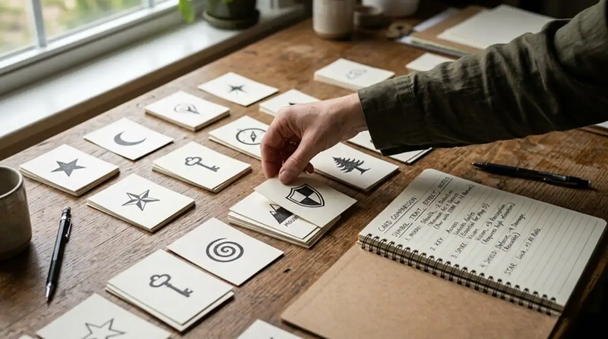 Neutrale Spielauswahl mit Symbolkarten und handschriftlichen Vergleichsnotizen