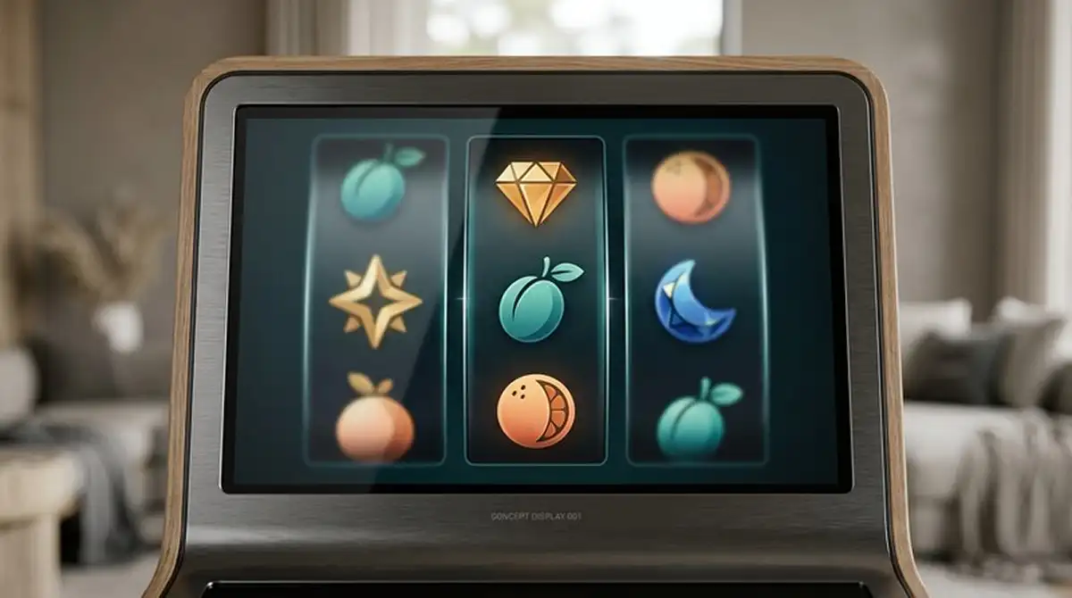 Spielautomat-Bildschirm mit Walzen und Symbolen als Sinnbild für Slot-Spiele