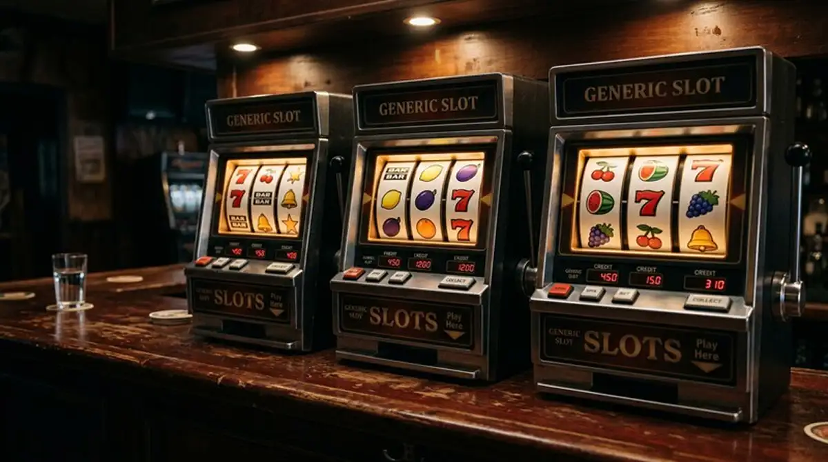 Drei nebeneinanderstehende Spielautomaten-Bildschirme mit abstrakten Walzensymbolen auf dunkler Theke unter warmer Beleuchtung