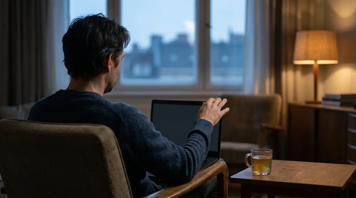 Person schließt am Abend in einem ruhigen Wohnzimmer den Laptop