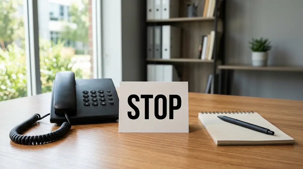 Schreibtisch mit Telefon und einfacher STOP-Karte daneben, neutrales Büroambiente