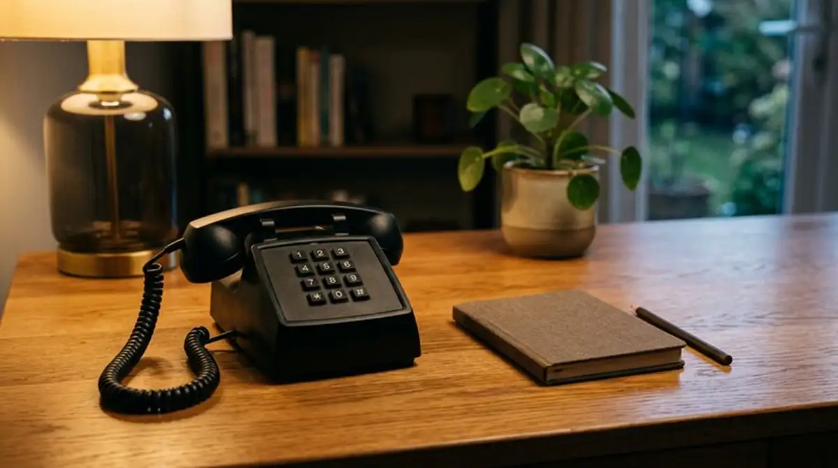 Notruf-Telefon auf einem aufgeräumten Schreibtisch, neutrales Setting, kein erkennbares Branding