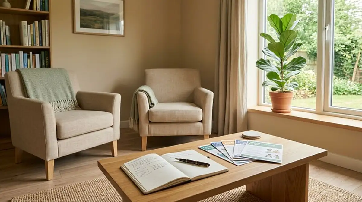 Beratungszimmer mit hellem Holz, einem Stapel Flyer und einem offenen Notizbuch, neutrale warme Beleuchtung