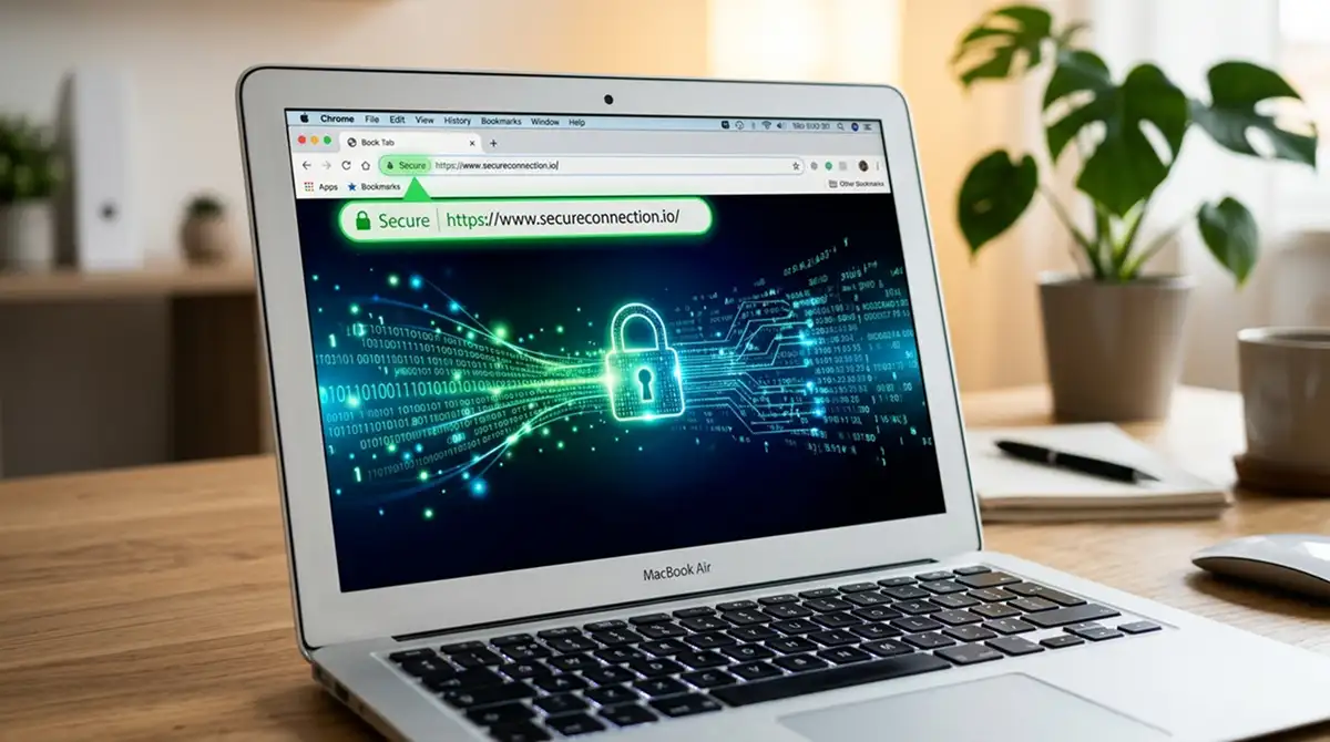 Computer-Bildschirm zeigt HTTPS-Verschlüsselung in Browser-Adressleiste