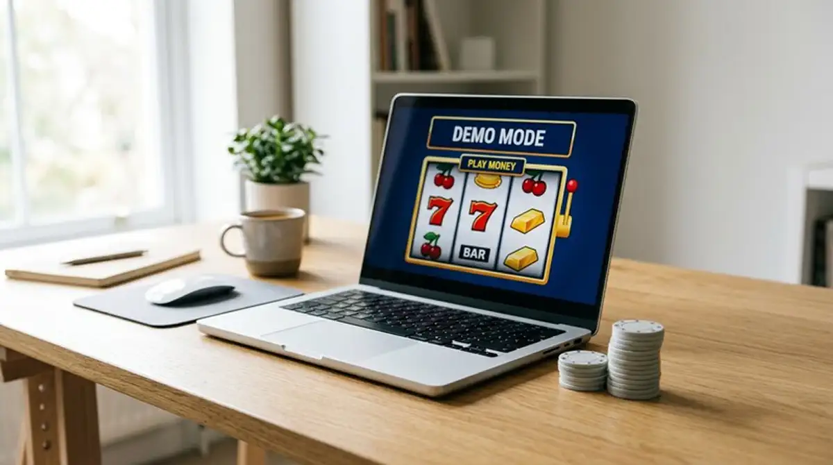 Laptop mit Starburst-Demo-Modus und Spielgeld-Anzeige auf neutralem Schreibtisch