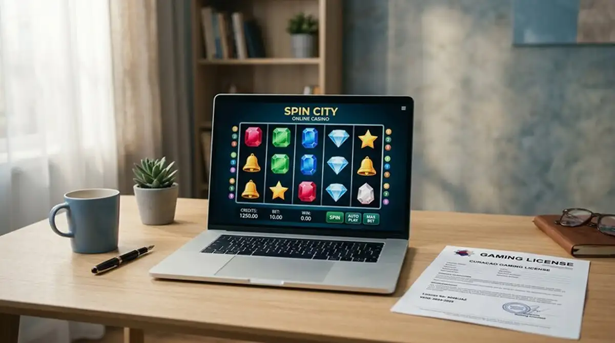 Starburst-Slot auf Laptop-Bildschirm mit internationalem Casino-Interface und Curaçao-Lizenz-Symbol