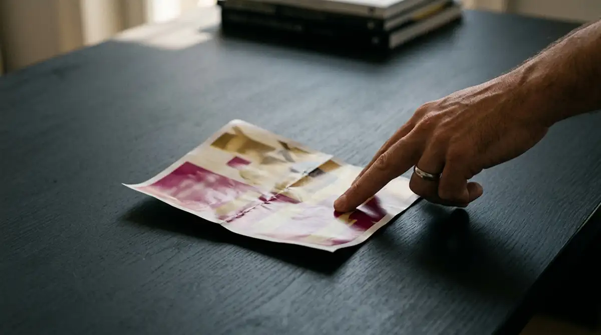 Hand schiebt einen glänzenden Werbeflyer mit unlesbarem Aufdruck beiseite
