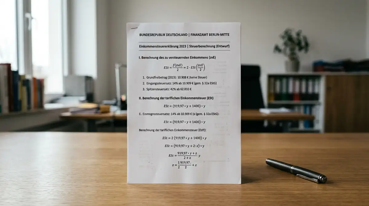 Dokument mit Steuerberechnung und Paragrafenverweisen auf neutralem Schreibtisch