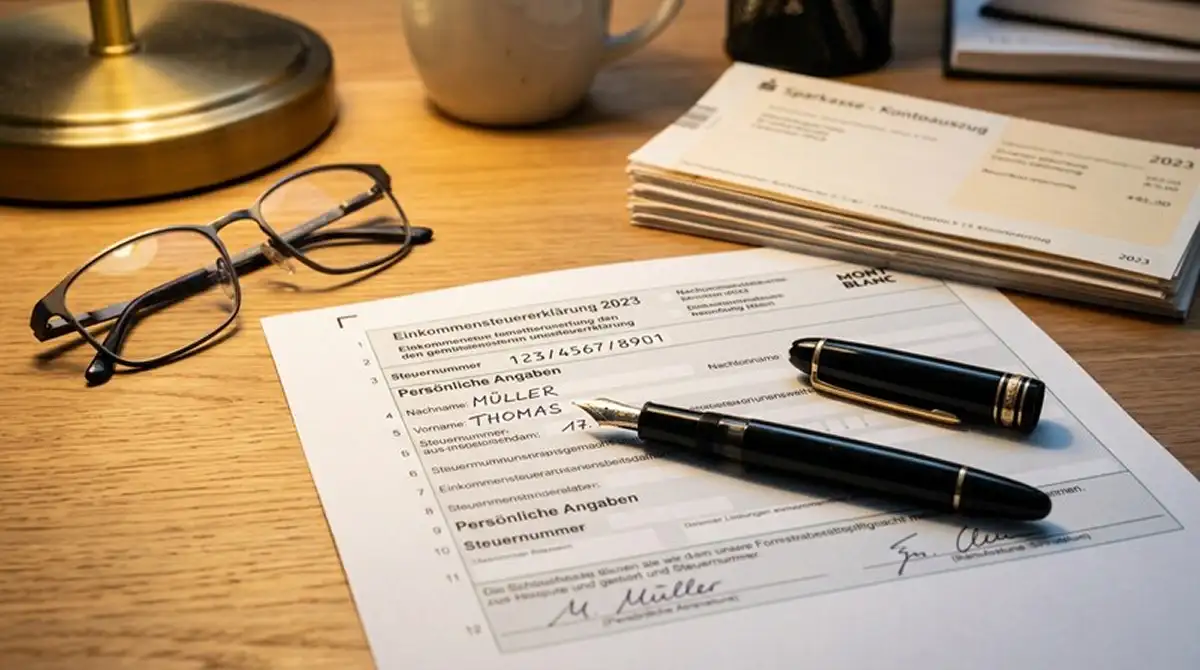 Steuerformular mit Stift und einem Stapel Bankunterlagen daneben