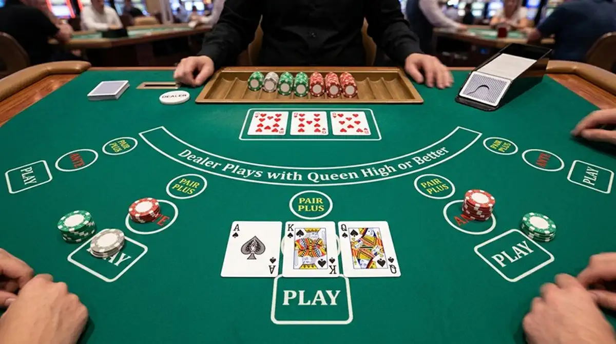 Drei Spielkarten faceup auf grünem Filz neben Dealer-Hand
