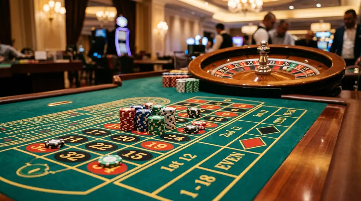 Roulette-Tisch mit Spielchips und grüner Filzoberfläche in Nahaufnahme