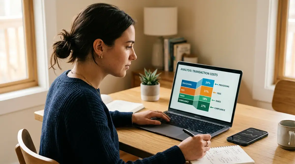 Person analysiert Transaktionskosten-Diagramm auf Laptop-Bildschirm