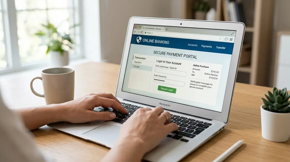 Person am Laptop führt Online-Banking-Zahlung im Browser durch