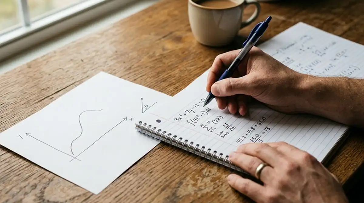Person rechnet mit Stift und Notizblock den Umsatz eines Bonus aus