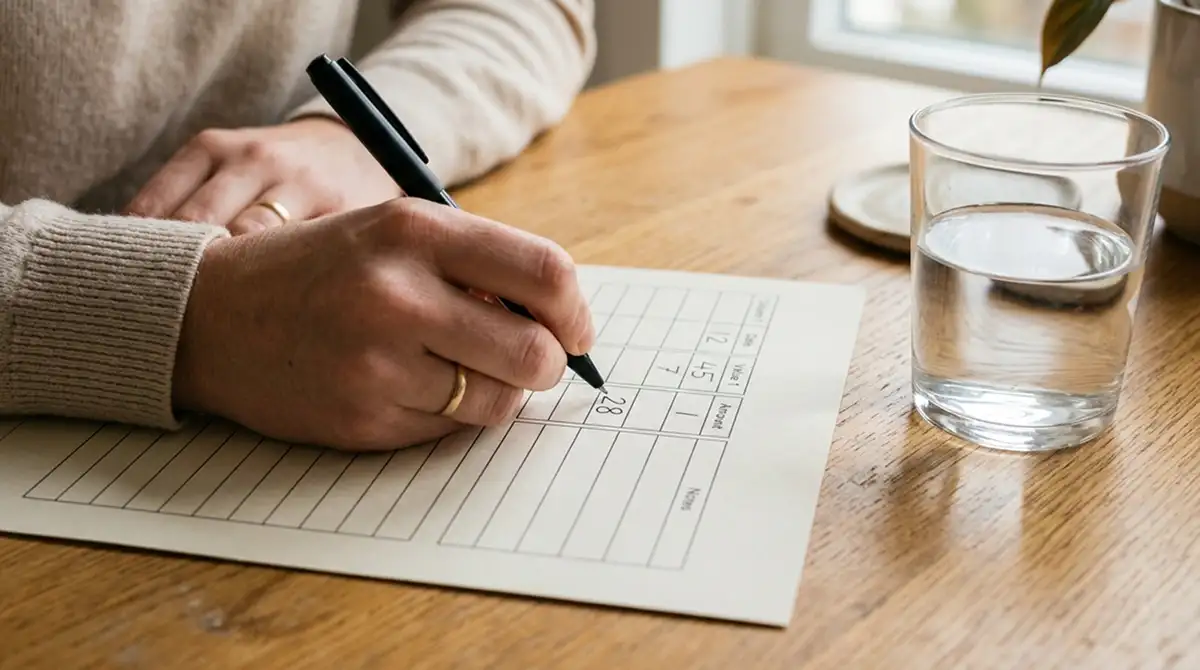 Detailaufnahme eines Stifts, der gerade einen Wert in eine Spalte auf einem gedruckten Notizformular schreibt, daneben ein leeres Wasserglas, Neutralität, kein Text, kein Logo