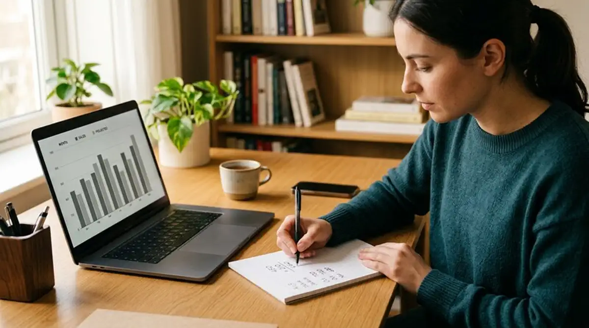 Person rechnet Umsatzbedingungen mit Stift und Notizblock durch