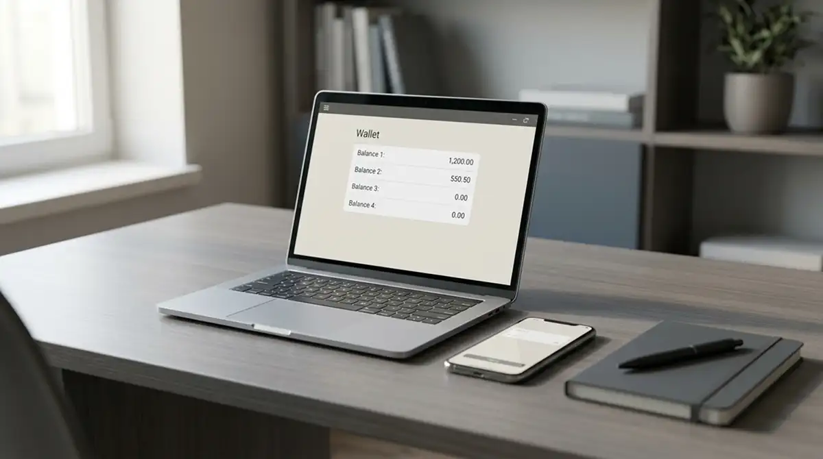 Schreibtisch mit geöffneter Krypto-Wallet und einer Übersicht der USDC-Guthaben