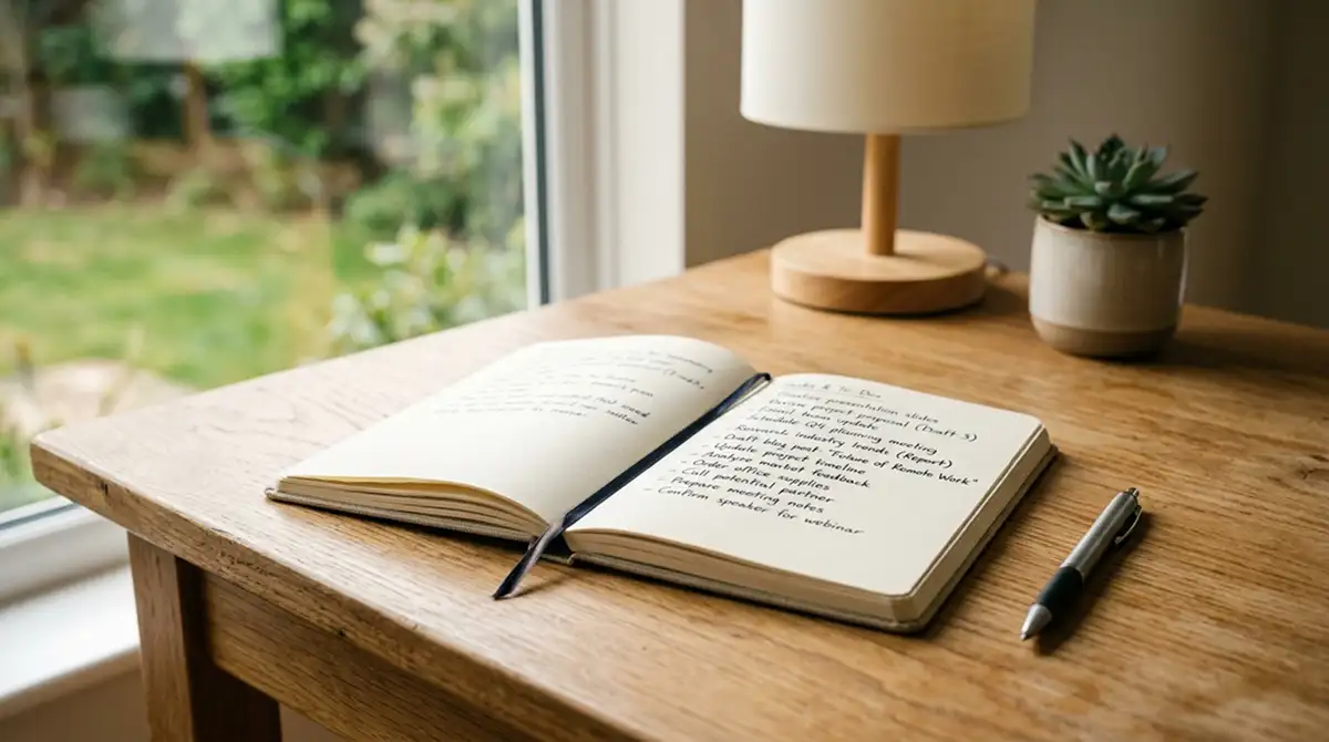 Schreibtisch mit aufgeschlagenem Notizbuch, ein Stift liegt daneben, warmes Tageslicht, eine kleine Tischlampe im Hintergrund, alles ruhig und aufgeräumt, kein Text, keine Logos, keine Geldscheine