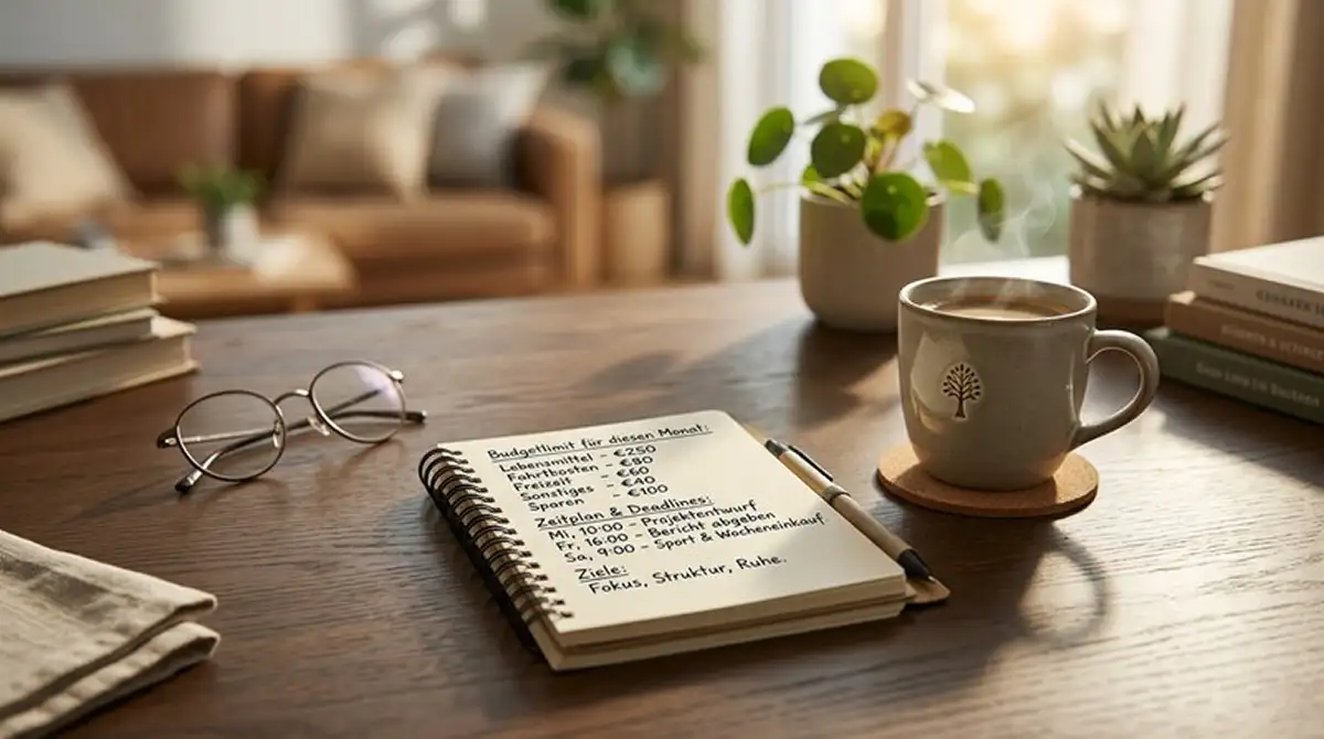 Notizblock mit handschriftlichen Budgetgrenzen neben einer Kaffeetasse
