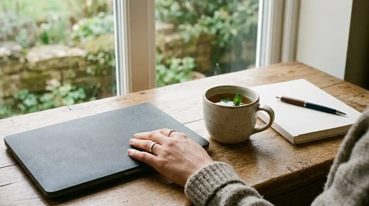 Hand auf geschlossenem Laptop neben Teetasse am Fenster im Morgenlicht